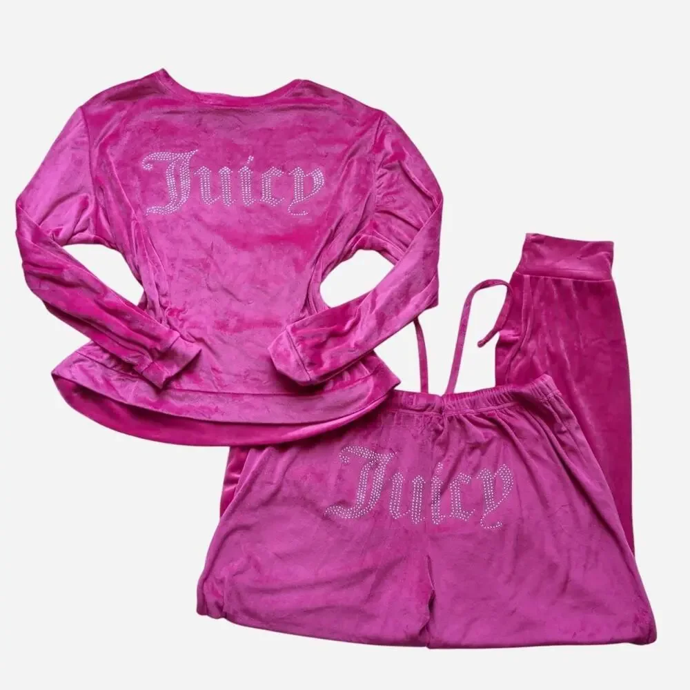 Iconic Y2K Hot Pink Juicy Couture Rhinestone Top and Bottom Matching Set